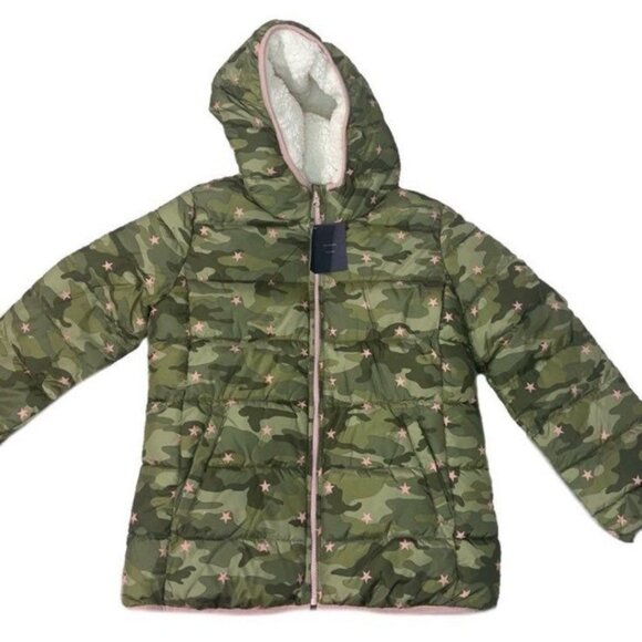GAP Kids Girls Cold Control Max Sherpa Green Camouflage Pink Star Hooded Puffer - Picture 1 of 6